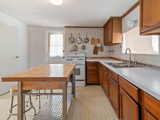 kitchen with tasteful backsplash, white range with gas stovetop, and sink