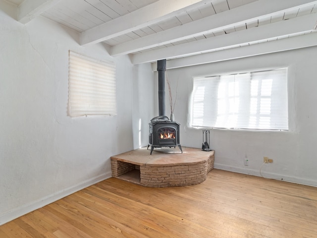 room details with a wood stove and hardwood / wood-style floors