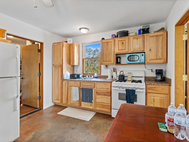 kitchen featuring a sink, white appliances, finished concrete floors, and light brown cabinets