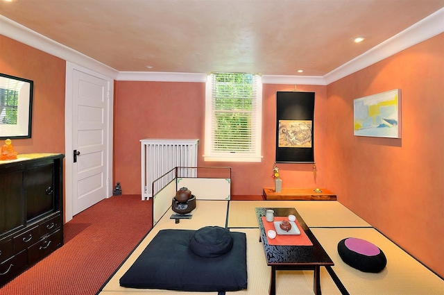 living room featuring carpet and ornamental molding