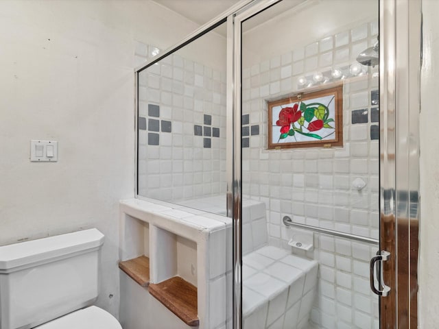 bathroom with a shower stall and toilet