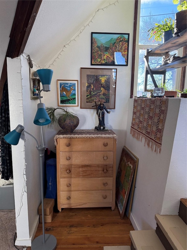 details with hardwood / wood-style flooring and a textured ceiling