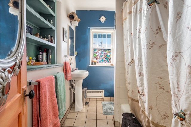 bathroom with a baseboard heating unit, shower / bath combo, and tile patterned flooring