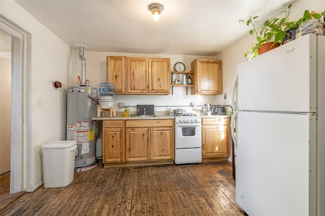 kitchen featuring dark hardwood / wood-style floors, white appliances, and gas water heater