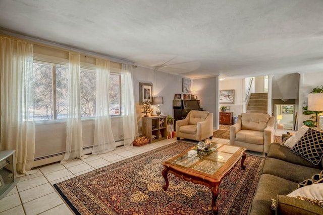 tiled living room featuring a textured ceiling