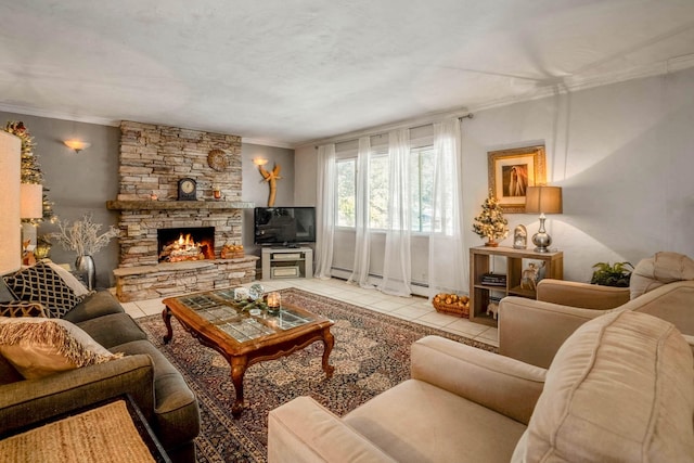 tiled living room featuring a fireplace, crown molding, and a baseboard radiator