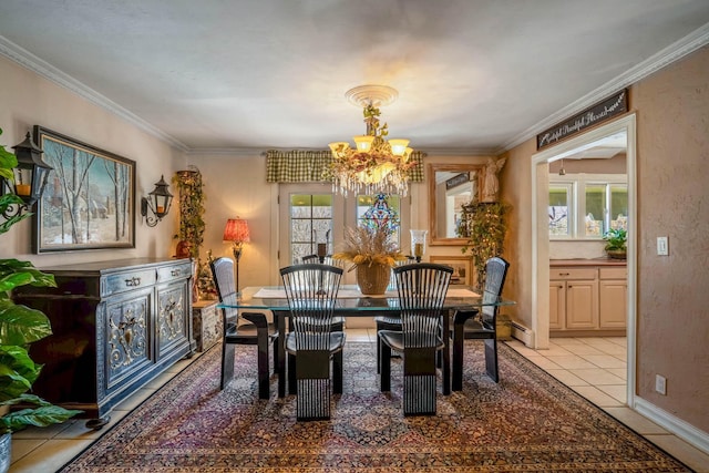 dining area featuring crown molding, a baseboard radiator, an inviting chandelier, and light tile patterned floors