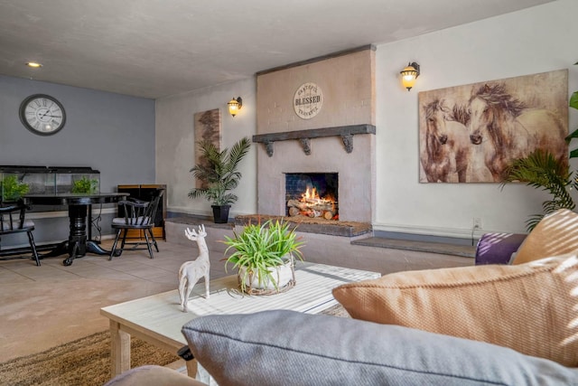 tiled living room with a brick fireplace