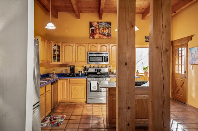 kitchen featuring wooden ceiling, stainless steel appliances, a high ceiling, hanging light fixtures, and beam ceiling