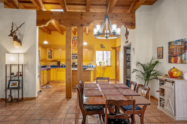 dining space with beam ceiling, wooden ceiling, a towering ceiling, and a notable chandelier