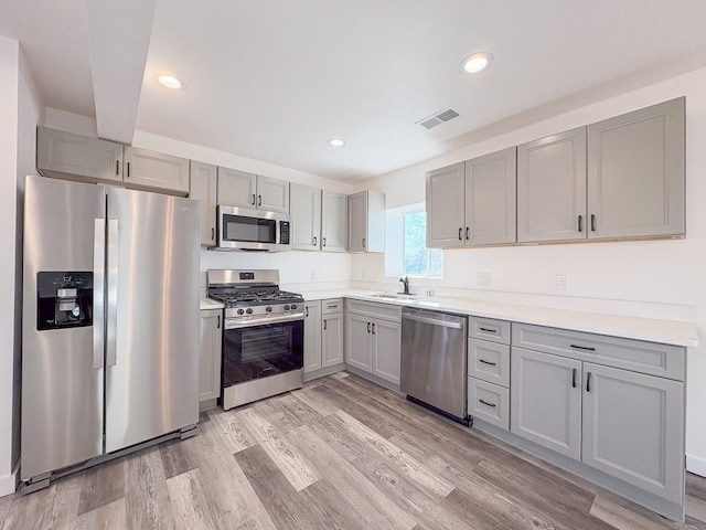 1268 Maez Rd, Santa Fe, NM 87505 - kitchen featuring gray cabinets, stainless steel appliances, a sink, visible vents, and light wood-style flooring
