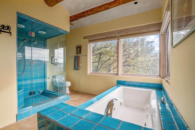 bathroom with independent shower and bath, toilet, and tile patterned flooring