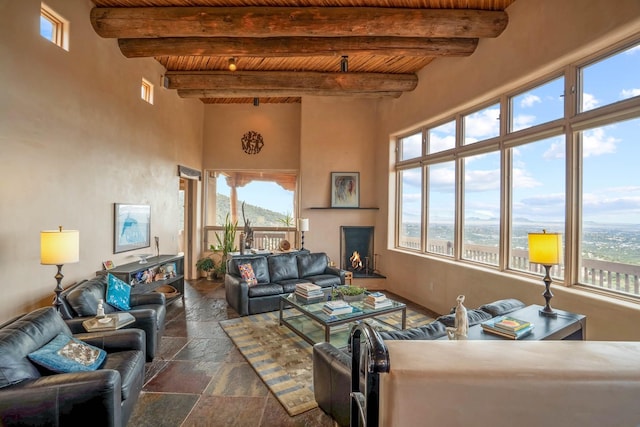 living room with beamed ceiling and wood ceiling