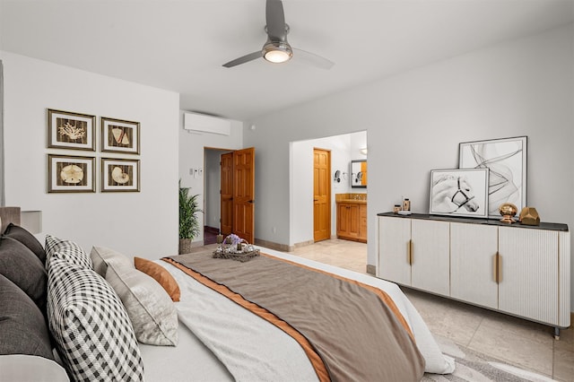 tiled bedroom with ceiling fan, connected bathroom, and an AC wall unit