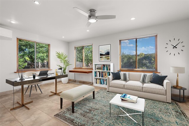 bedroom featuring ceiling fan and light tile patterned floors