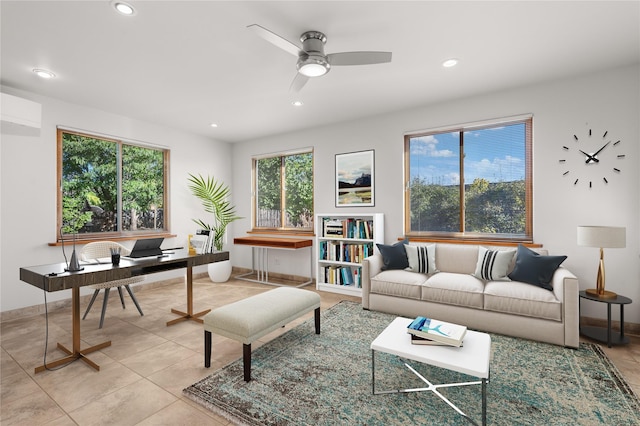 tiled living room featuring an AC wall unit and ceiling fan