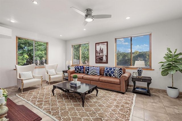 tiled living room featuring a wall mounted AC and ceiling fan