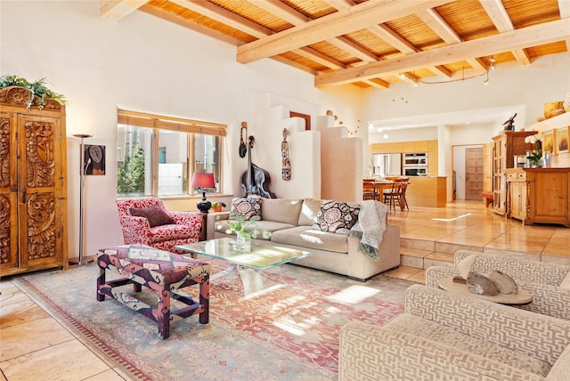 tiled living room featuring beam ceiling, wood ceiling, and a towering ceiling