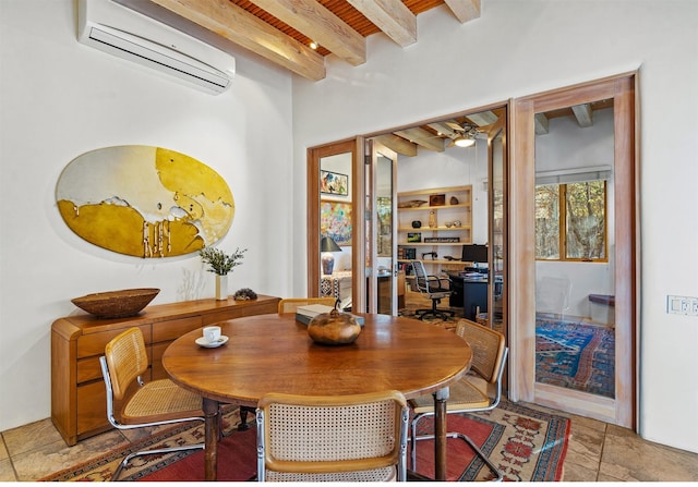 dining room with a wall mounted air conditioner, beam ceiling, and ceiling fan