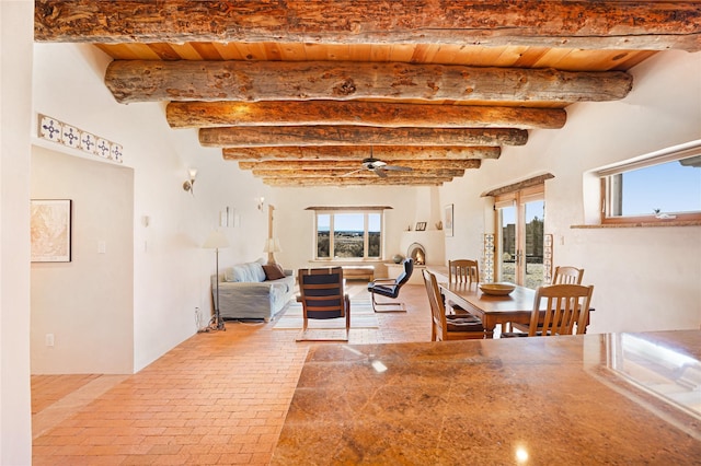 dining room featuring ceiling fan, plenty of natural light, beam ceiling, and wooden ceiling