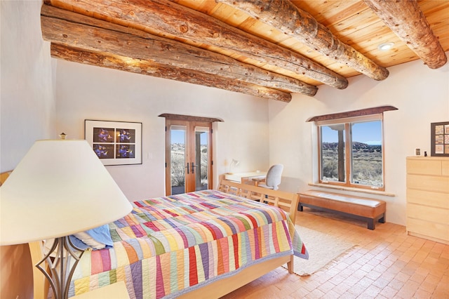 bedroom with beamed ceiling, french doors, wood ceiling, and multiple windows