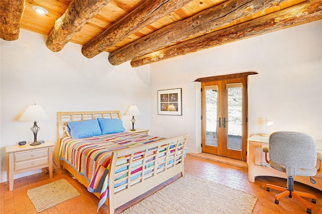 bedroom featuring access to outside, wooden ceiling, beam ceiling, and french doors