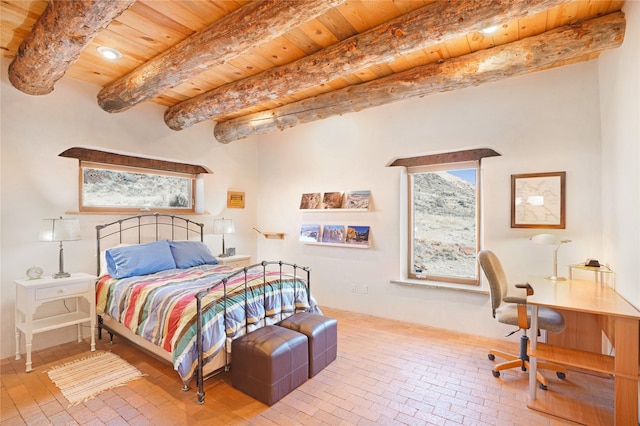 bedroom featuring beamed ceiling and wood ceiling