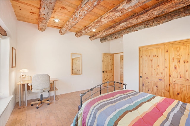 bedroom featuring wood ceiling and beam ceiling