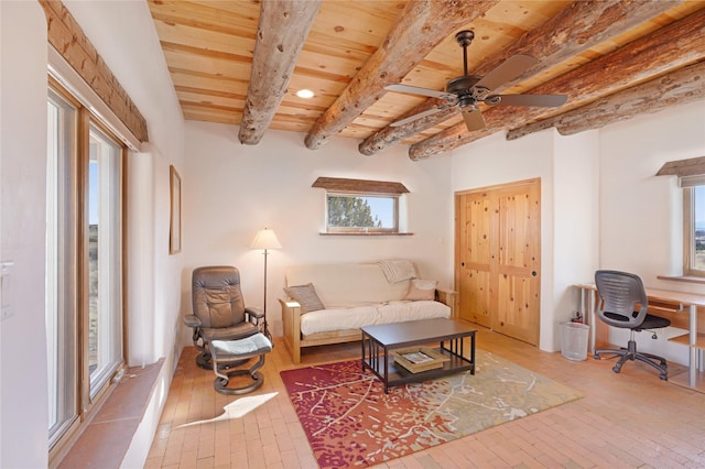 living room featuring wood ceiling, ceiling fan, and beam ceiling