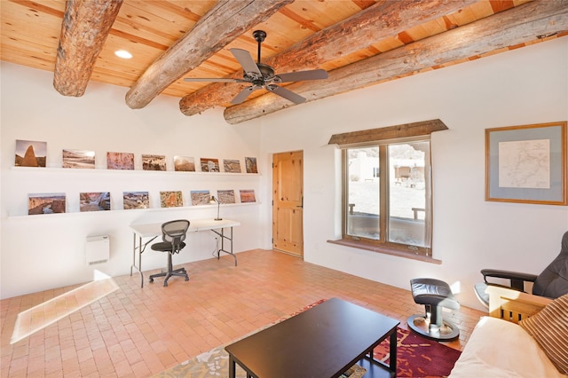 home office featuring ceiling fan, beam ceiling, and wooden ceiling