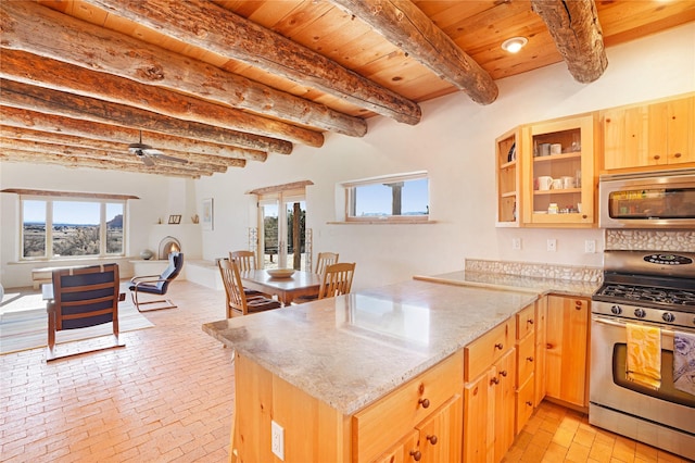 kitchen with light brown cabinetry, wooden ceiling, appliances with stainless steel finishes, kitchen peninsula, and beamed ceiling