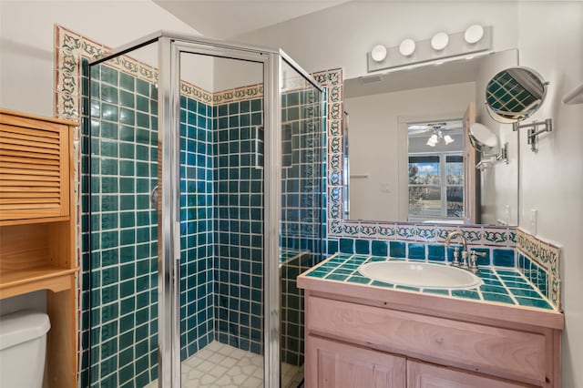 bathroom with vanity, an enclosed shower, and toilet