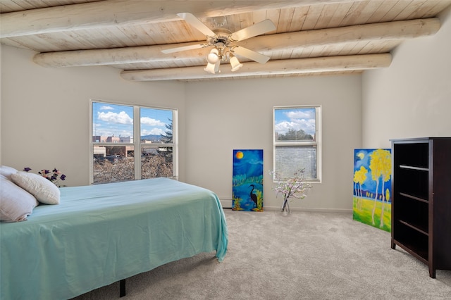 carpeted bedroom featuring multiple windows, wood ceiling, beamed ceiling, and ceiling fan