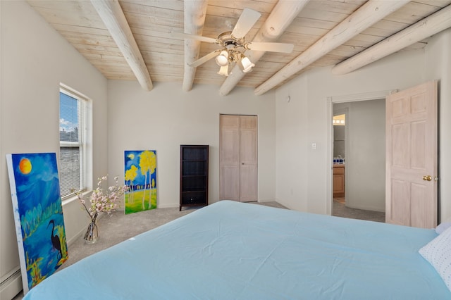 bedroom with wood ceiling, ceiling fan, baseboard heating, beam ceiling, and carpet floors