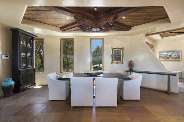 dining room featuring beamed ceiling and wooden ceiling