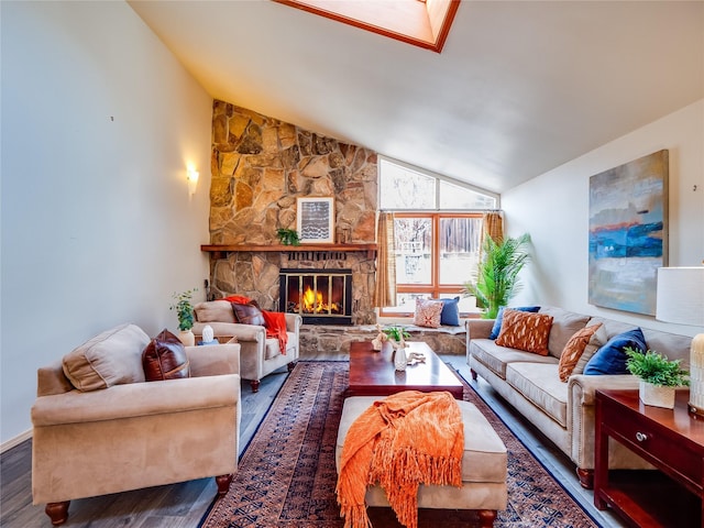 living room featuring lofted ceiling, a stone fireplace, and dark hardwood / wood-style flooring