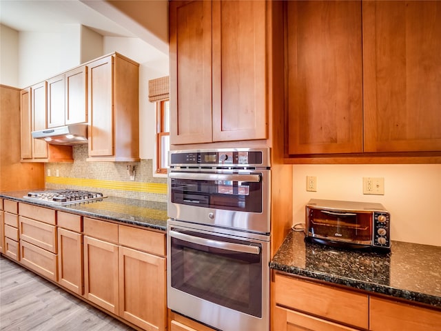 kitchen featuring tasteful backsplash, appliances with stainless steel finishes, light hardwood / wood-style flooring, and dark stone counters