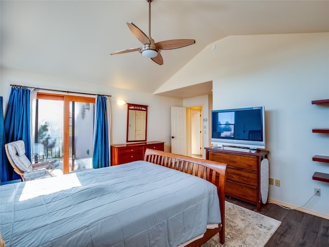 bedroom with ceiling fan, dark hardwood / wood-style floors, and vaulted ceiling