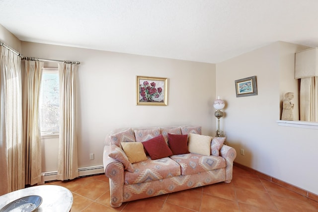 tiled living room featuring a baseboard heating unit