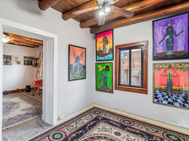 hallway with wood ceiling and beam ceiling