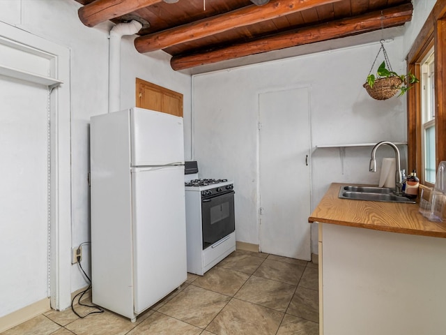 kitchen with sink, light tile patterned floors, wooden ceiling, beamed ceiling, and white appliances