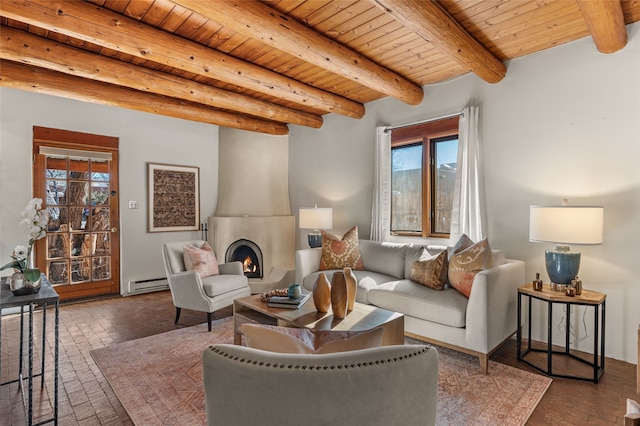 living room featuring beamed ceiling, a baseboard radiator, wood ceiling, and a fireplace