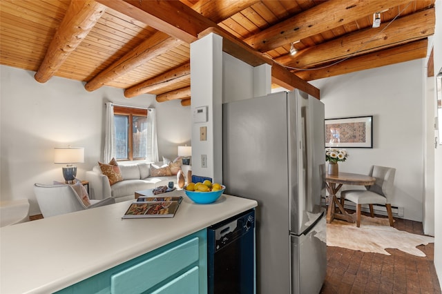 kitchen with wooden ceiling, a baseboard radiator, stainless steel fridge, dishwasher, and beam ceiling