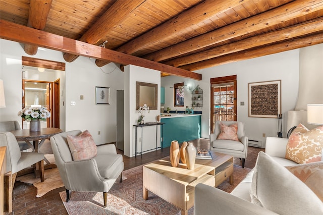 living room featuring beamed ceiling, wooden ceiling, and baseboard heating