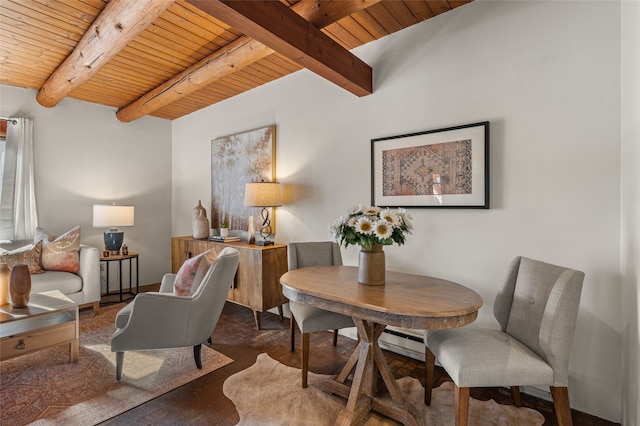 living area featuring beamed ceiling and wooden ceiling