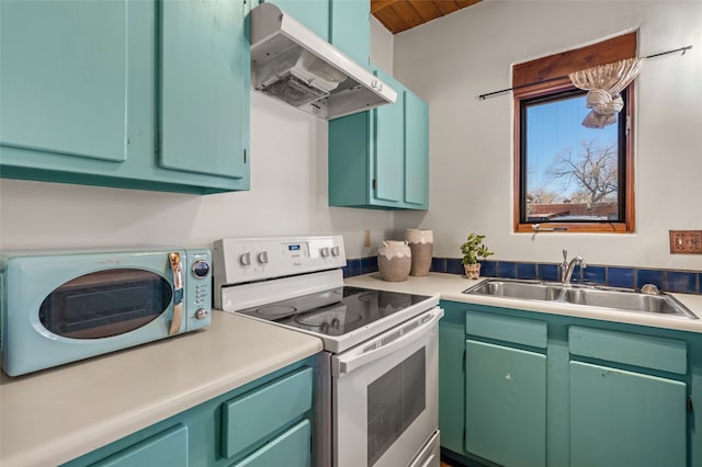 kitchen featuring range hood, sink, white electric range oven, green cabinetry, and wooden ceiling