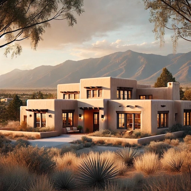 back house at dusk featuring a mountain view