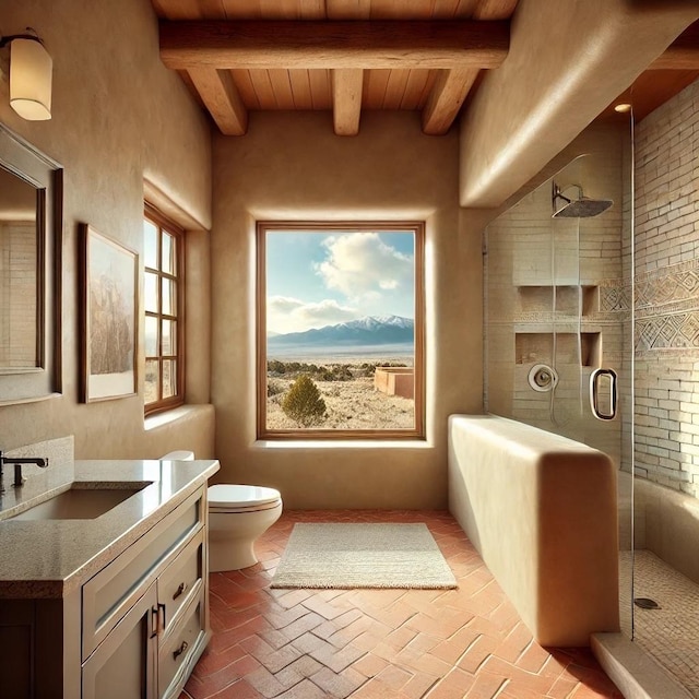 bathroom with vanity, beamed ceiling, a shower with shower door, wooden ceiling, and toilet