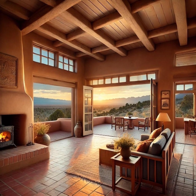 interior space featuring a mountain view, a wealth of natural light, and wooden ceiling