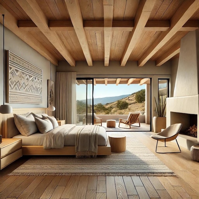 bedroom with hardwood / wood-style flooring, a mountain view, a fireplace, and wood ceiling